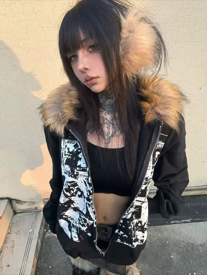 Sous-culture Faux manteaux femmes veste graphique avec capuche polaire fourrure