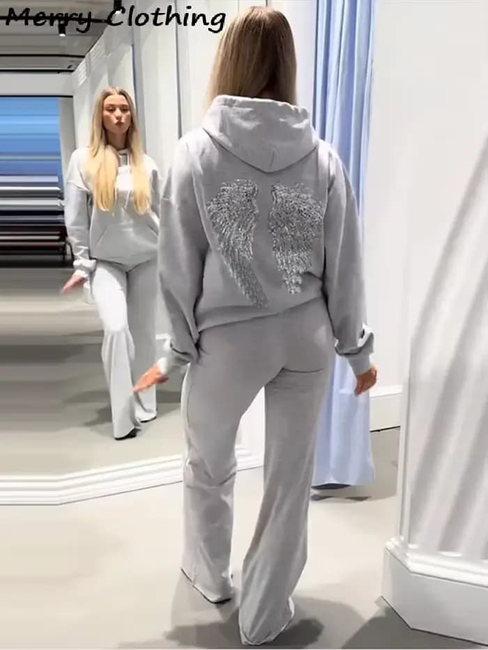Paillettes ailes d'ange sweats à capuche femmes Chic lâche à manches longues pulls haut mince Yoga pantalon ensemble