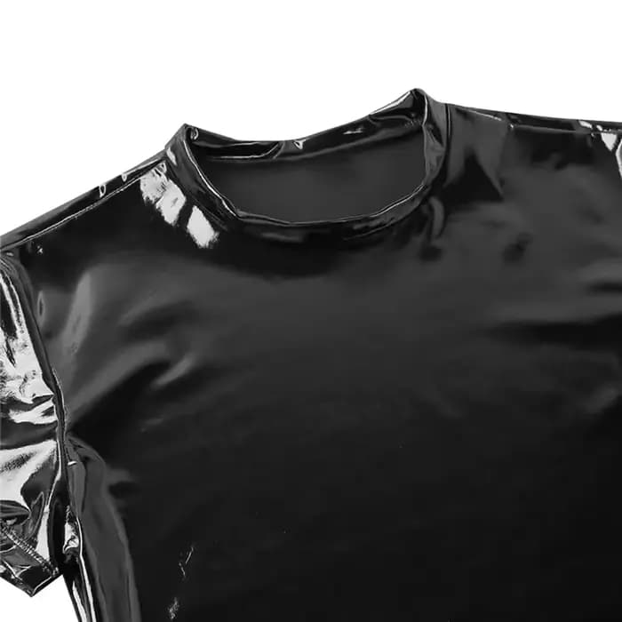 Rouge hommes Wetlook hauts Punk mode brillant PVC vêtements Faux cuir homme T-Shirt soirée Clubwear grande taille 5XL Costume
