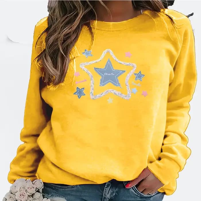 Sweat à capuche à manches longues et col rond à motif d'étoiles rétro de style américain pour femmes