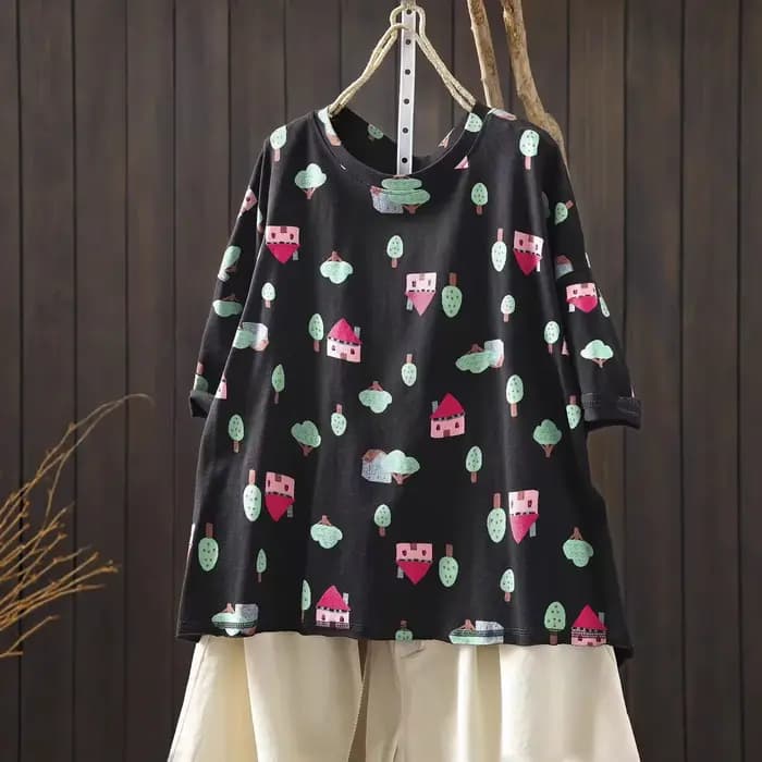 T-shirt en coton imprimé maison dans les arbres style Mori Kei vintage pour femme