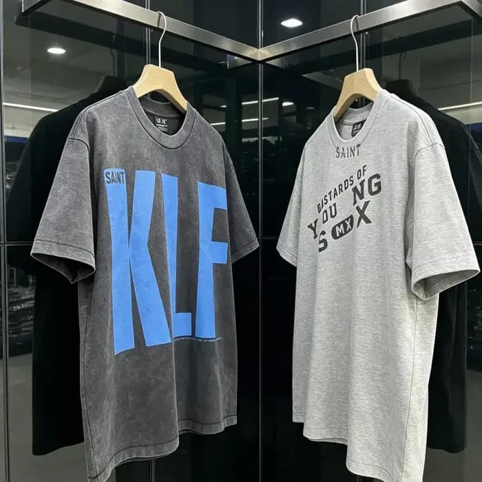 T-shirts Saint en Coton de Haute Qualité, Style Rétro Américain Streetwear, Effet Délavé et Imprimé Craquelé, Col Rond, Manches Courtes KLF pour Hommes et Femmes
