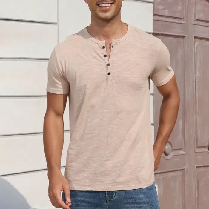 T-shirt en coton pour hommes, Design de boutons, respirant, couleur unie, manches courtes, col Henley, coupe cintrée, confortable, décontracté
