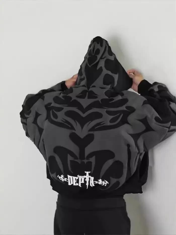 Punk haute rue mode Style destructif sweat à capuche avec fermeture éclair hommes Multi poche brodé moustache conception sweat-shirt décontracté automne