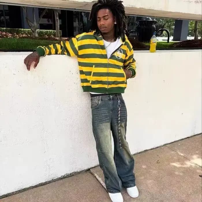 Sweat-shirt à capuche zippé rayé jaune et vert pour homme