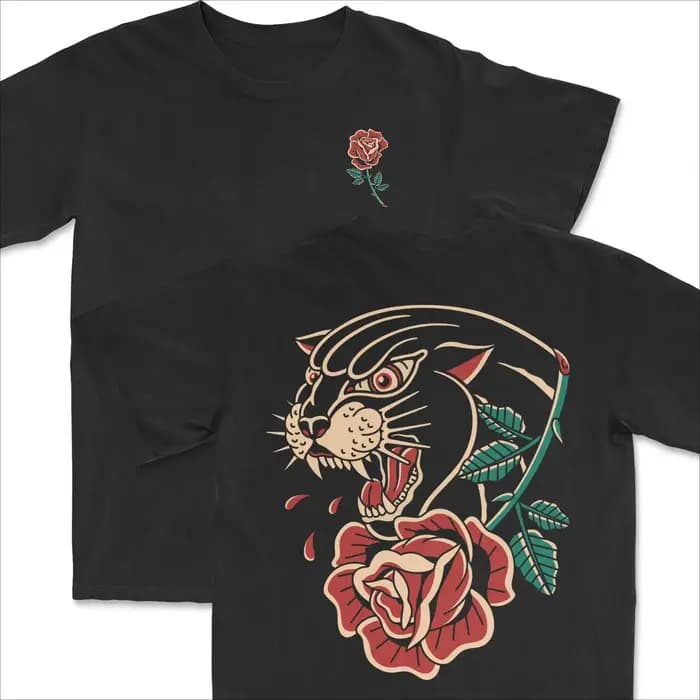 T-shirt unisexe surdimensionné en coton Y2K Streetwear avec motif double face tatouage panthère rose style old school été 2026