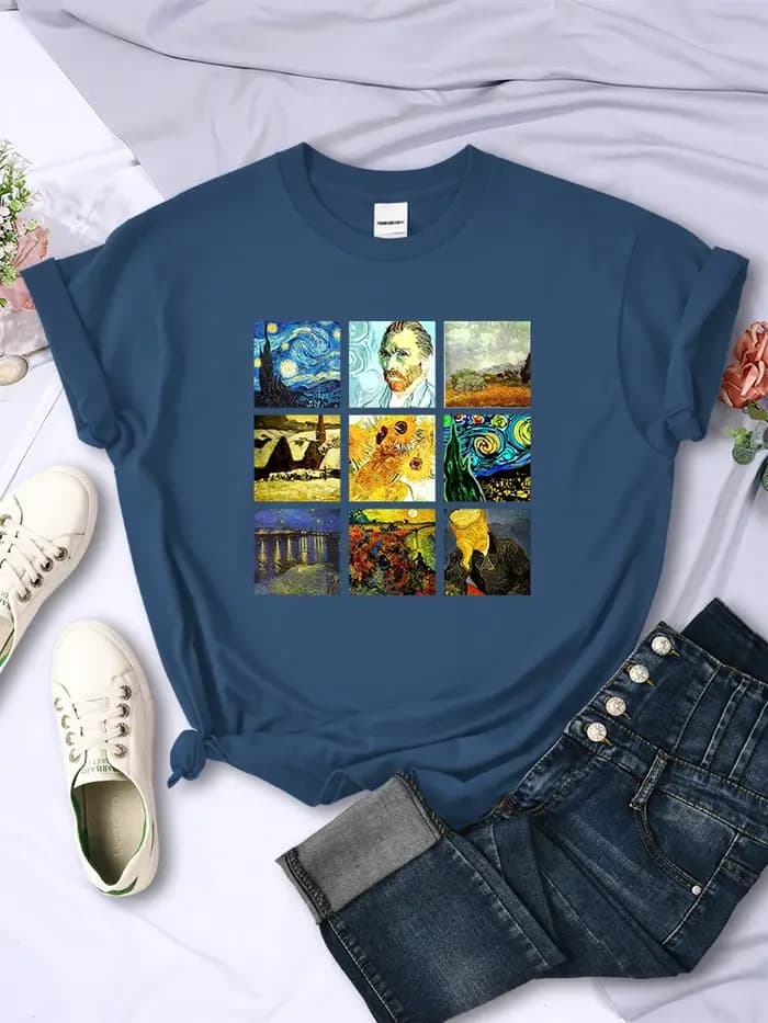 Van Gogh fonctionne Sanskrit imprimé femmes hauts respirant décontracté t-shirts mode été à manches courtes