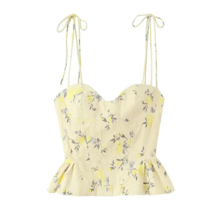 Débardeur court à imprimé floral doux style américain, col en V français, sexy, sans manches, dos nu