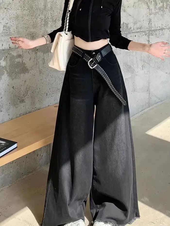 Jean élégant Chic américain Vintage noir à jambes larges pour femmes