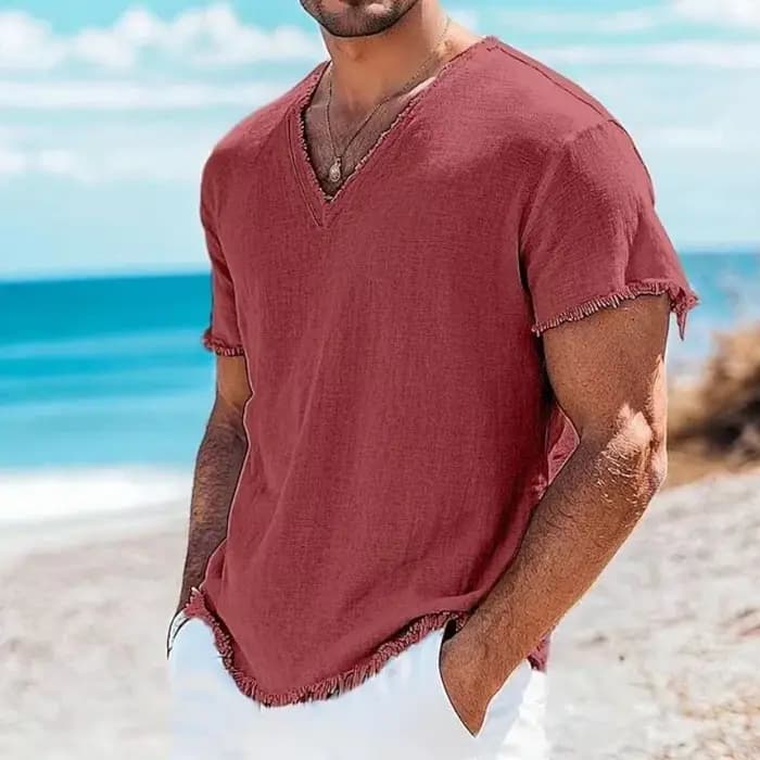 Bord de mer plage décontracté hommes lin t-shirts mode d'été couleur unie respirant T-shirt