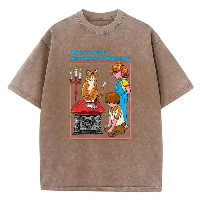 T-shirt Gothique Vintage Délavé 100% Coton avec Motif Chat de Bande Dessinée – Décontracté Streetwear Printemps-Été