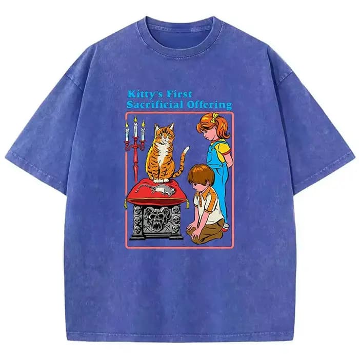 T-shirt Gothique Vintage Délavé 100% Coton avec Motif Chat de Bande Dessinée – Décontracté Streetwear Printemps-Été