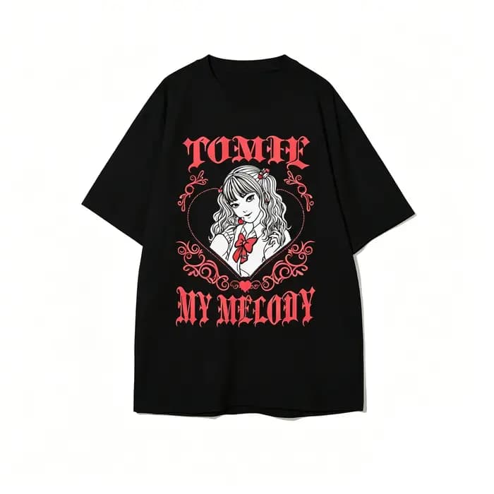 T-Shirt gothique Tomie x My Melody pour femmes, esthétique Kawaii Y2K, surdimensionné, noir et blanc