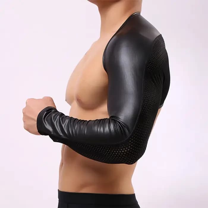 T-shirt à manches longues en similicuir noir uni pour hommes