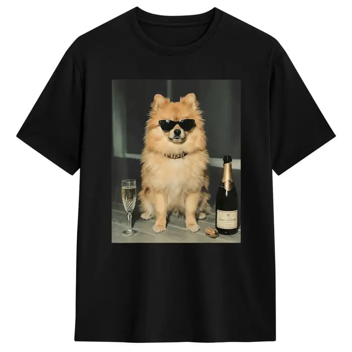 T-shirt streetwear en coton vintage à manches courtes, motif chien Pomeranian buvant du champagne, a