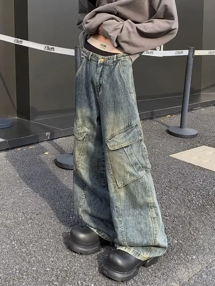 2025 Trashy Y2K Streetwear Vintage Bleu Baggy Cargo Jeans Pantalon Pour Hommes Vêtements Droit En Détresse Lâche