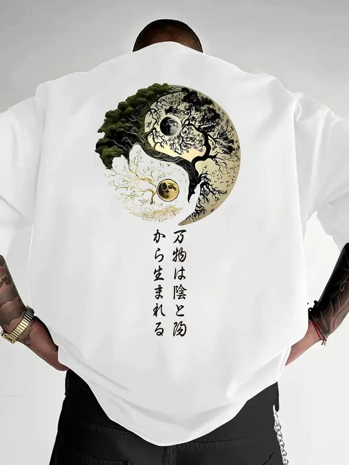 T-shirt graphique Yin Yang Arbre de Vie Calligraphie Japonaise pour Homme Respirant 100% Coton Parfait pour l'été Streetwear Tendance Style Zen