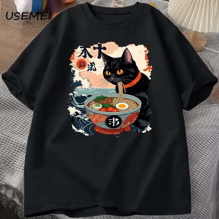 Kawaii chat Anime T-shirt Ramen japonais drôle graphique T-shirt Kawaii nouilles chat T-shirt homme