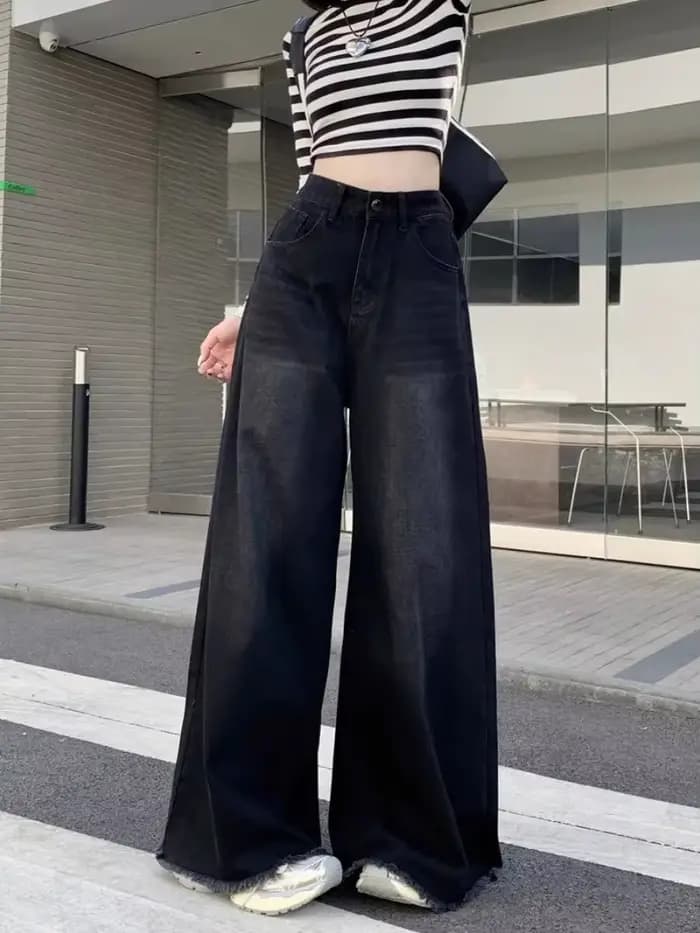 Jean élégant Chic américain Vintage noir à jambes larges pour femmes