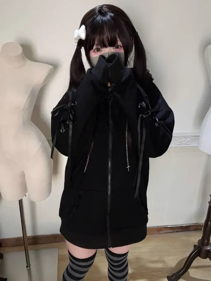 Sweat à capuche ample en dentelle noire pour femme