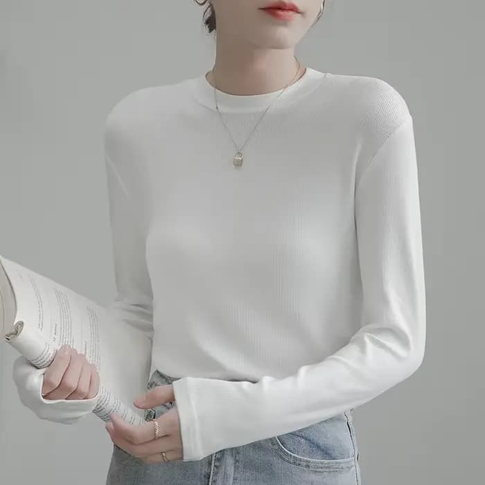 T-shirt à manches longues en coton blanc pour femme, vêtement de couleur pure, sans doublure