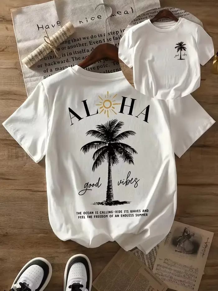 T-shirt imprimé palmiers Aloha Good Vibes, devant et dos, t-shirt décontracté à col rond et manches