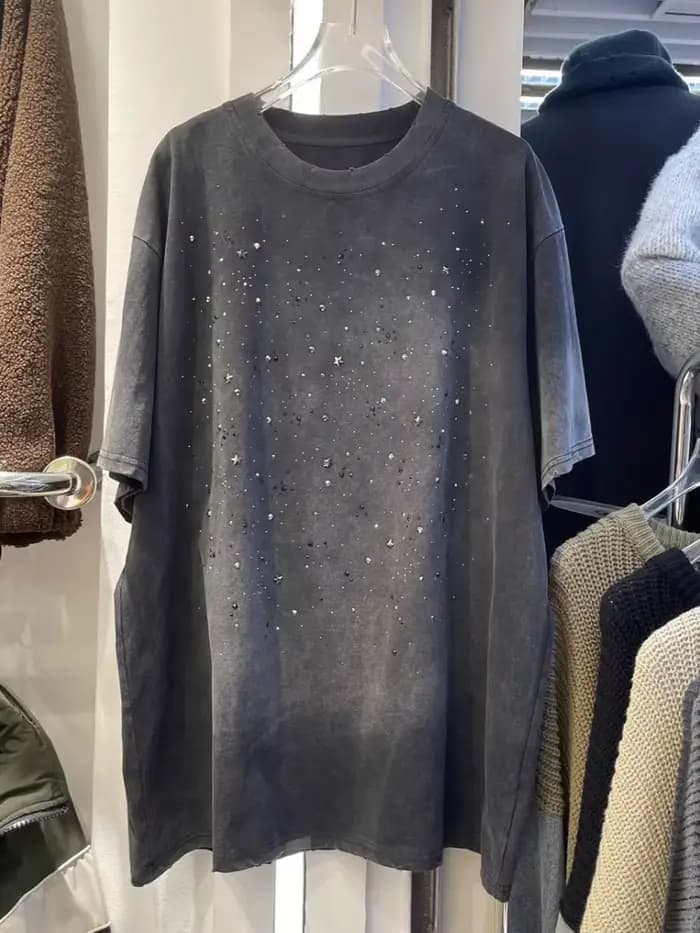 Rétro lavé strass T-shirt été femmes col rond manches courtes surdimensionné t-shirts femme mode hauts amples