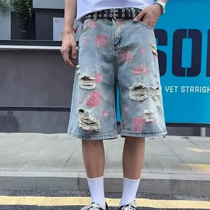 Shorts en jean déchirés et délavés style streetwear américain pour homme