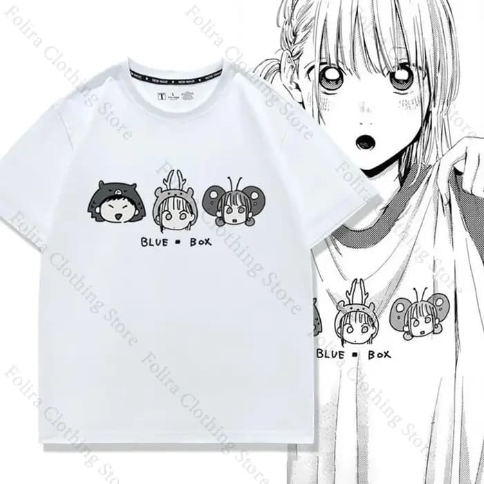 Anime bleu boîte série imprimé T-shirt Kawaii été hauts à manches courtes