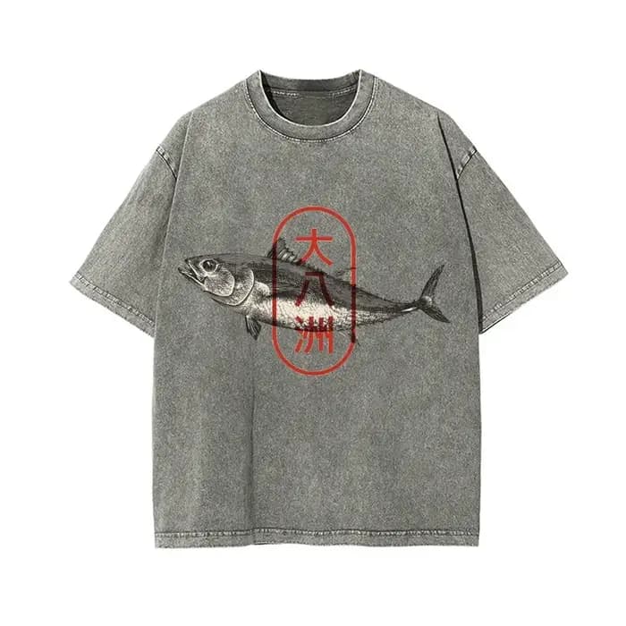 Mode d'été 100% coton lavé acide T-shirts hommes grandes huit îles du japon thon poisson Vintage lavage Design japonais