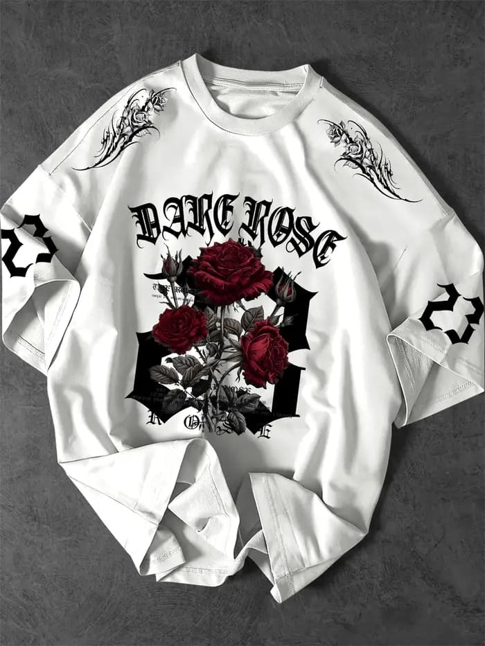 T-shirt graphique Dark Rose 23 pour hommes, streetwear gothique, col rond, manches courtes, en polye