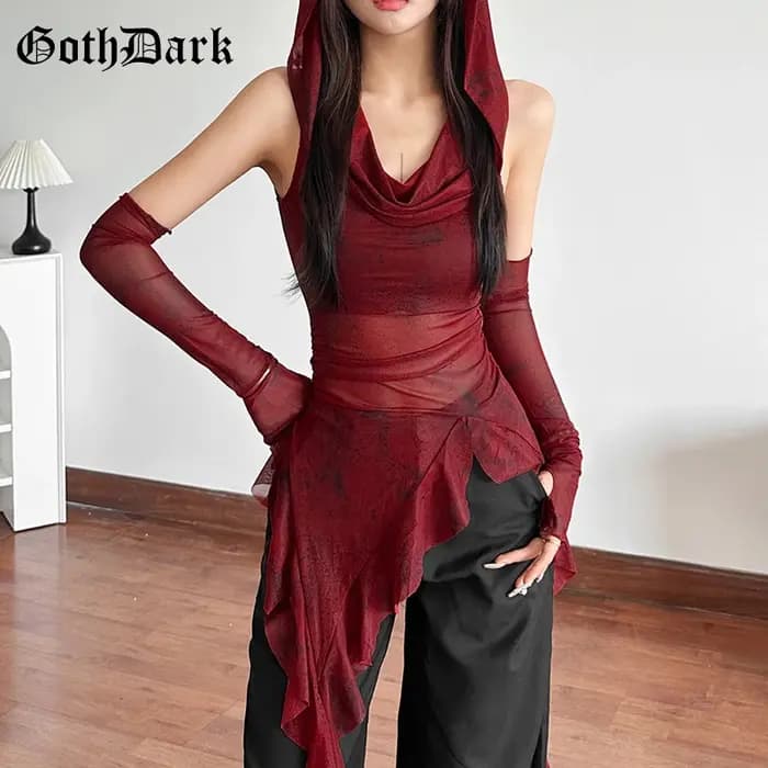 Goth Dark Streetwear années 90 Grunge Mesh Transparent Hauts à capuche Cyber Y2K Ourlet irrégulier Volants Sweat