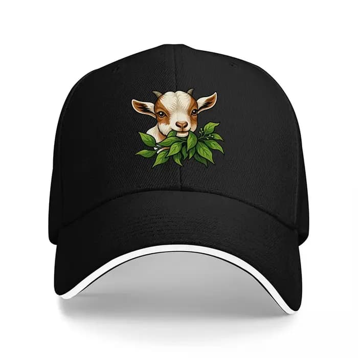 Casquette de baseball noire avec motif visage de chèvre et feuilles