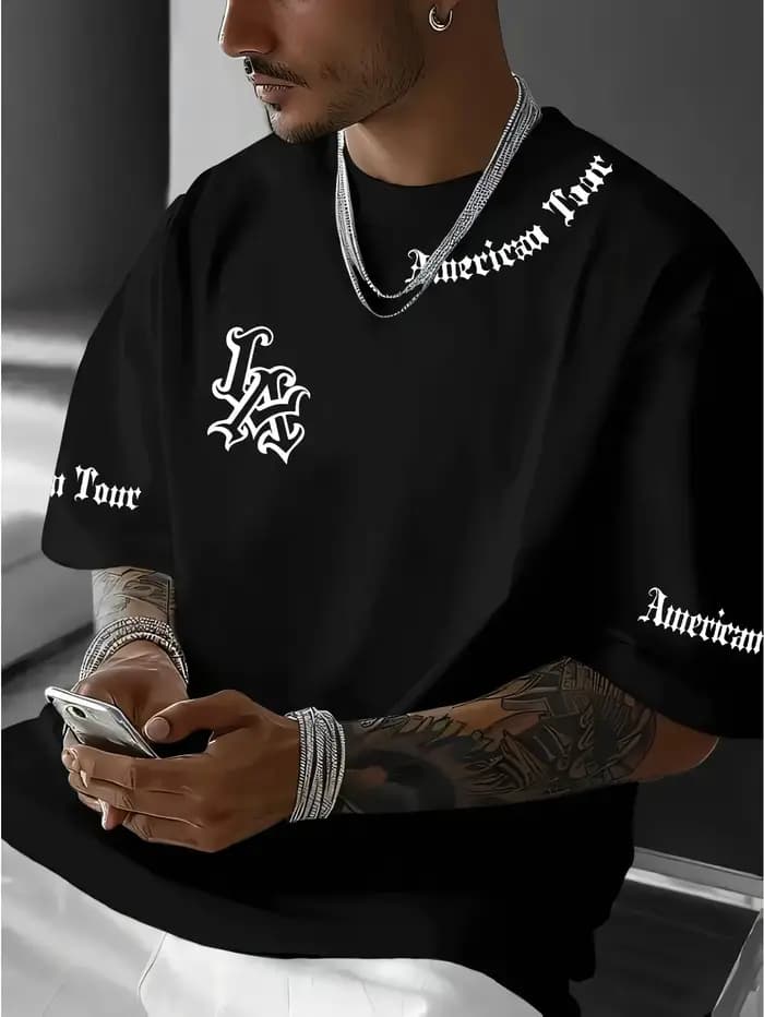 T-shirt en coton noir LA Tour pour hommes, style vintage, streetwear, rétro, athlétique, hip-hop