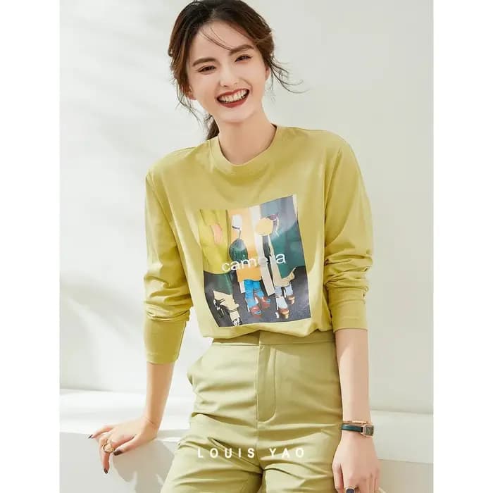 LOUIS YAO T-Shirt à manches longues 2025 printemps/automne t-shirts décontracté lettre imprimer col rond haut minimaliste femmes T-Shirt