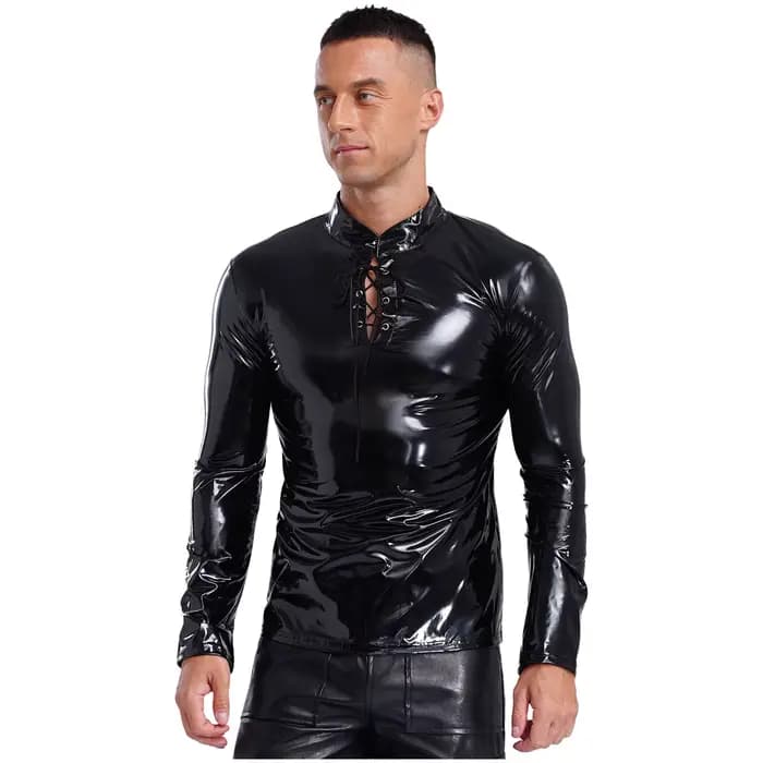 Hommes brillant Punk PU cuir T-shirt haut en cuir PU compression coupe ajustée débardeur moteur cycl
