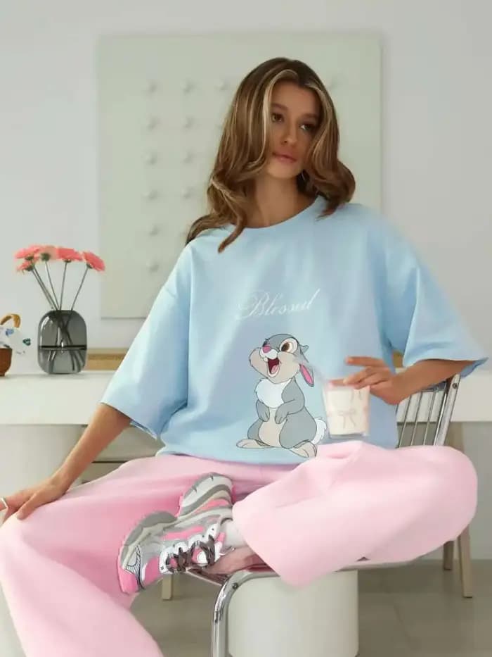 Kawaii lapin imprimé blanc 100% coton américain décontracté Streetwear femmes t-shirt à manches courtes col rond