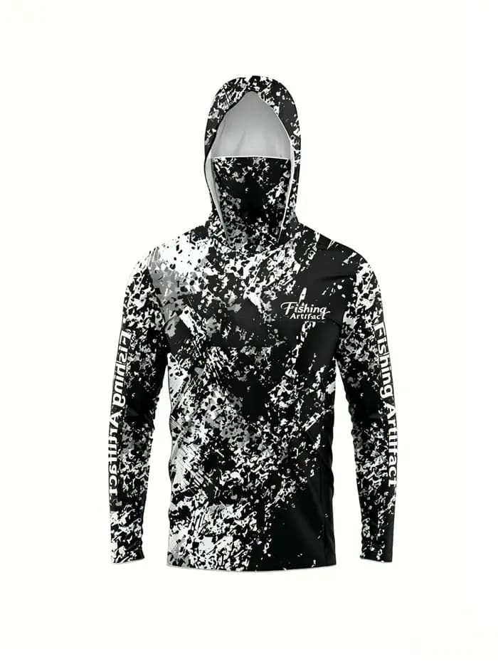Chemise de pêche à capuche pour hommes avec masque facial, motif graphique à lettres sur le devant,