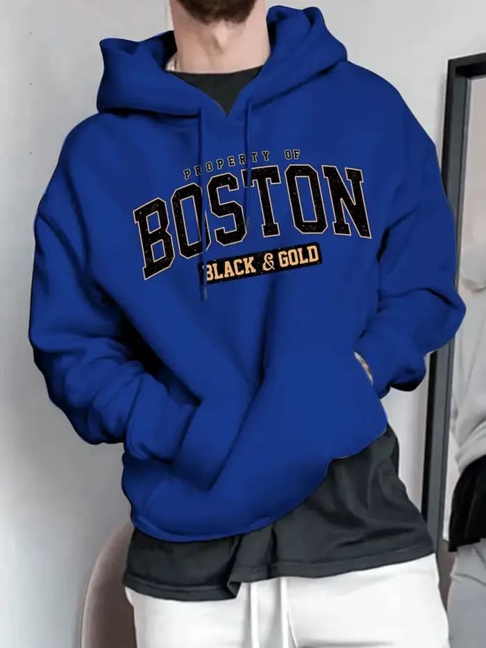 Sweat à capuche chaud en polaire imprimé lettre Boston pour hommes, cordon de serrage réglable, confortable, usage extérieur, automne hiver, mode décontractée