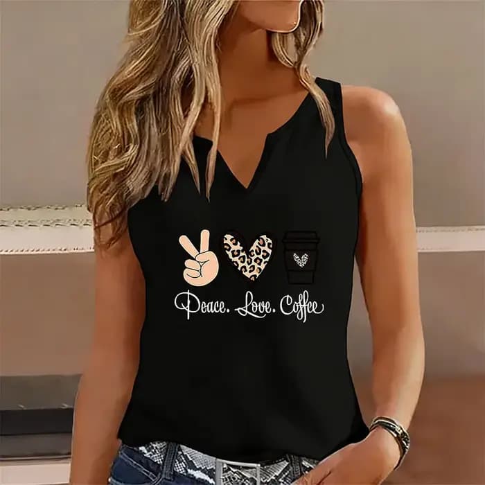 Peace Love Coffee Débardeur sans manches col en V pour femme, style décontracté et tendance, T-shirt