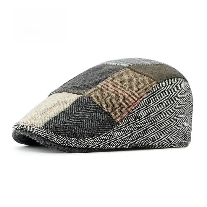 1 pièce Casquette plate pour homme en tweed patchwork, style vintage à carreaux et chevrons, casquet