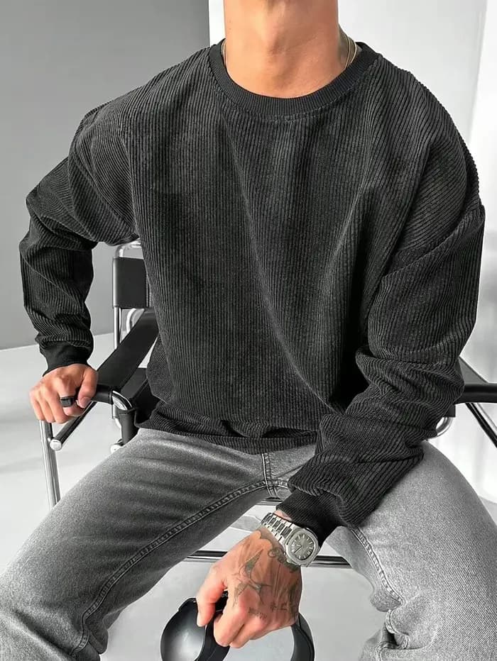 Nouveau pull décontracté en velours côtelé à col rond et couleur unie pour homme