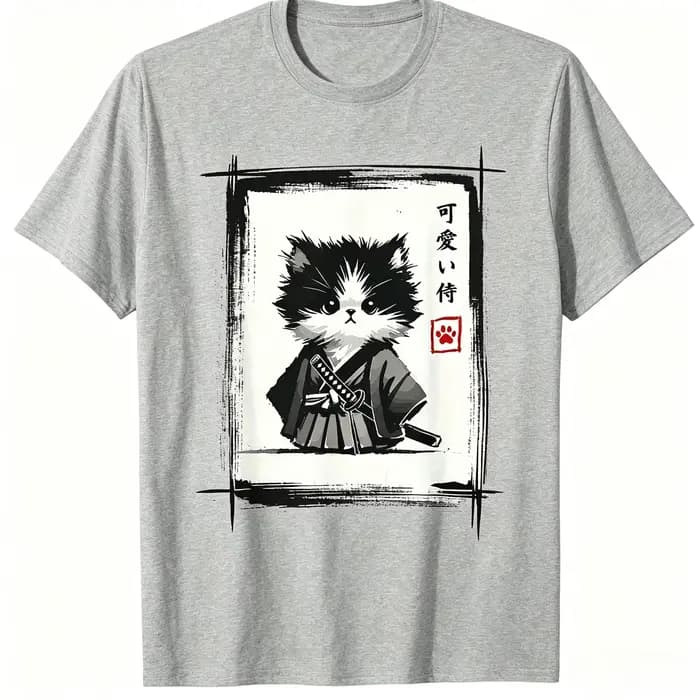 T-shirt imprimé Kawaii Chat Samouraï Art à l'encre japonaise