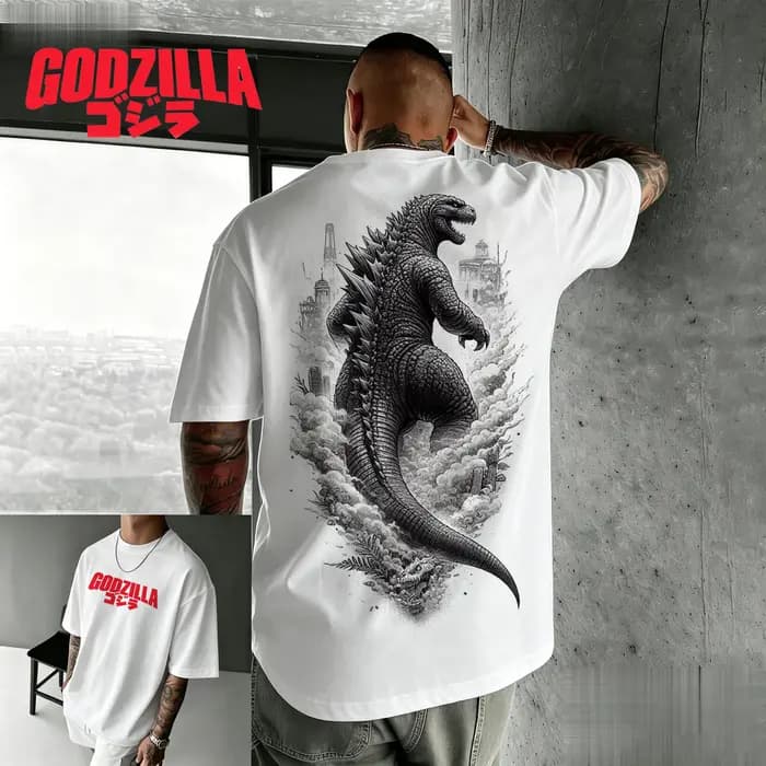 Nouveau t-shirt américain rétro en coton à manches courtes avec imprimé Godzilla