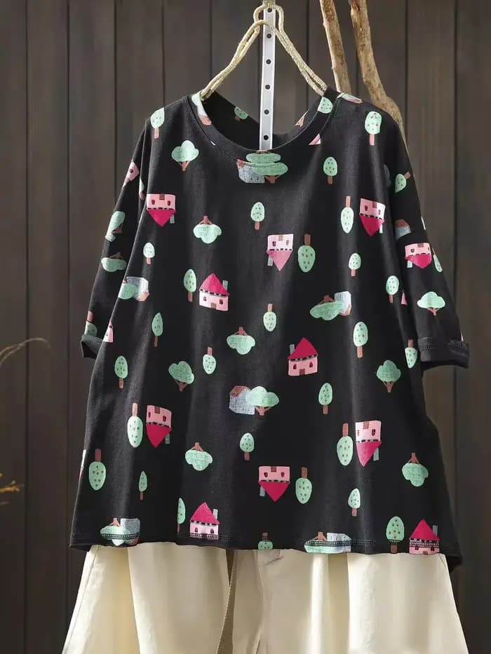 T-shirt en coton imprimé maison dans les arbres style Mori Kei vintage pour femme
