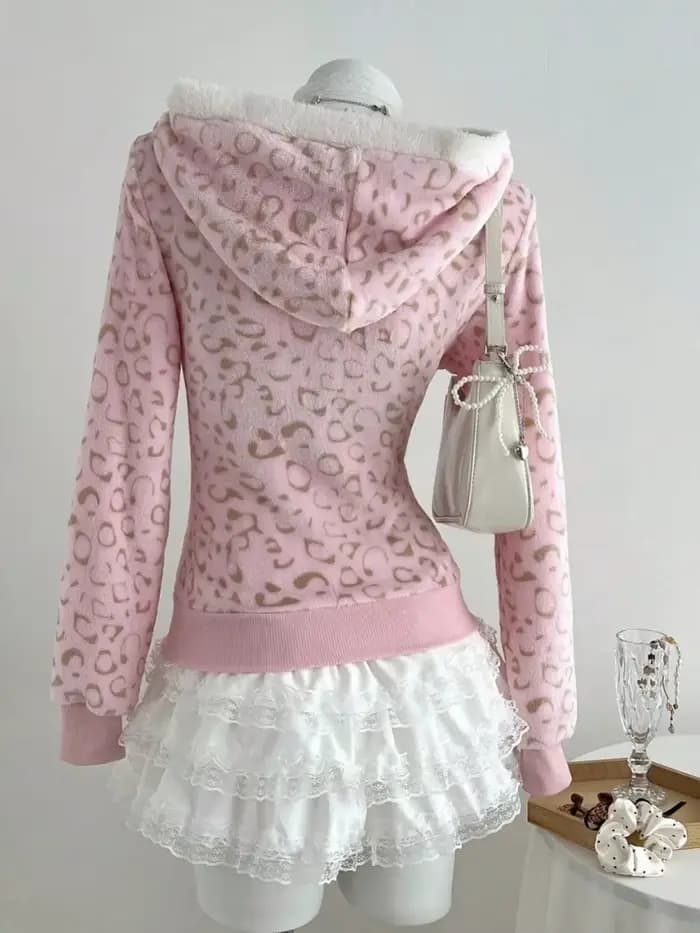 Sweat-shirts pour femmes Zip-up Grunge Gyaru à capuche gothique Top Mignon rose léopard pinte