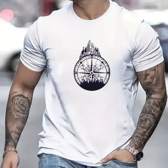 T-shirt pour homme 100% coton imprimé boussole avec rose