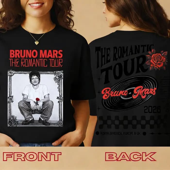 T-shirt de la tournée romantique de Bruno Mars 2026, date de la tournée sur le dos, t-shirt en coton