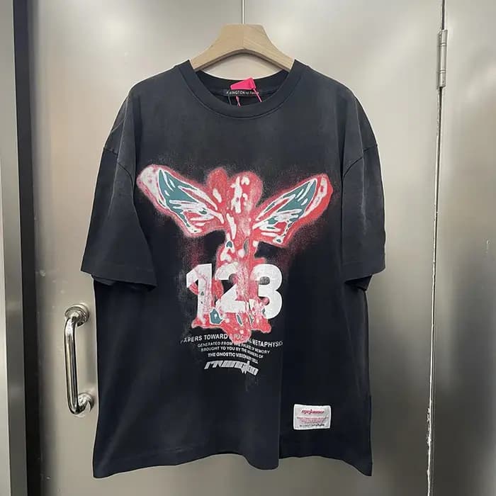 T-shirt en coton épais lavé avec logo imprimé lettres noires RRR-123