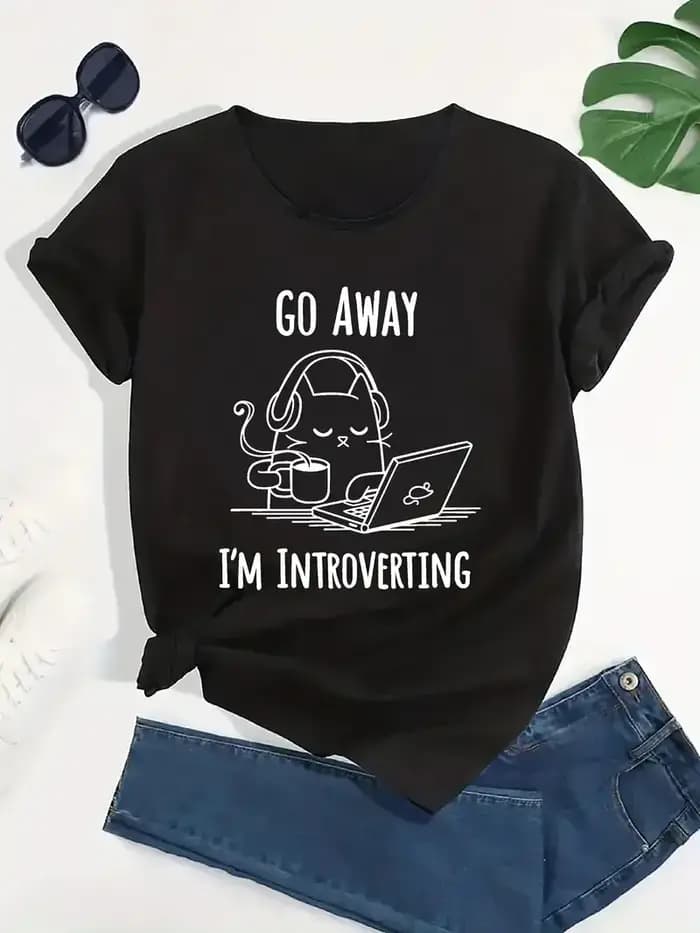 T-shirt noir à manches courtes Introvert Cat & GO AWAY... Imprimé humoristique et tendance pour femme